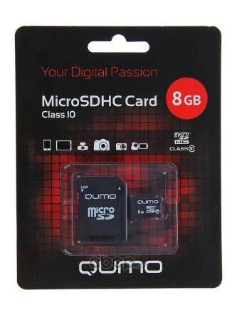 Карта памяти , Secure Digital Micro 8Gb, SDHC, class 10 QUMO купить 386 ₽
