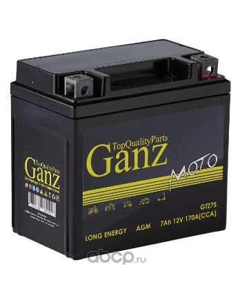 Аккумулятор GANZ мото AGM 7 А/ч Обратная 114x70x108 CCA170 А GTZ7S купить 2 470 ₽