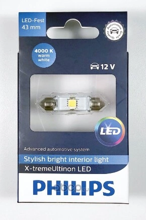 Лампа светодиодная 12V 1W 10,5x43 4000K PHILIPS X-tremeUltinon LED 1 шт. блистер купить 865 ₽