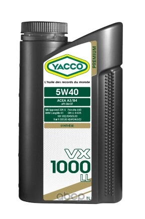 Масло моторное Yacco VX 1000 LL 5W-40 синтетика 1 л купить 1 270 ₽