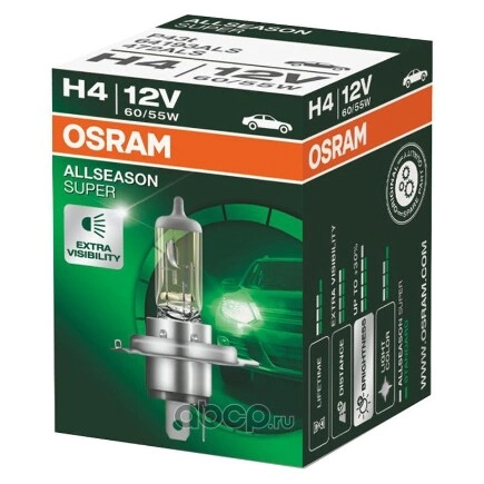 Лампа 12V H4 60/55W +30% P43t OSRAM ALLSEASON 1 шт. картон купить 579 ₽