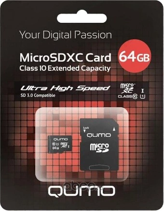 Карта памяти MicroSDXC 64GB 90/45 МБ/с UHSI U3, Pro seria 3.0 с адаптером SD QUMO купить 710 ₽