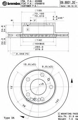 Диск тормозной передний PEUGEOT/FIAT Ducato Sollers /D=280mm BREMBO купить 5 240 ₽