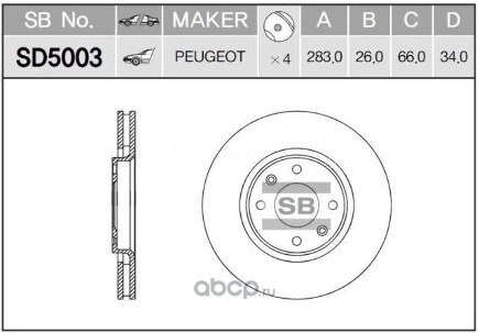 Диск тормозной передний CITROEN C4/DS4/PEUGEOT 207/308/3008/Partner II SANGSIN BRAKE купить 3 889 ₽