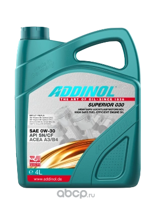 Масло моторное ADDINOL Superior 030 0W-30 синтетика 4 л купить 9 086 ₽