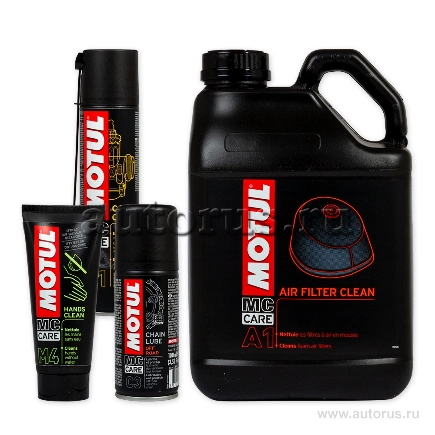 Смазка аэрозоль Motul MC CARE OFF ROAD для цепных передач 0,1 л + крем для очистки рук MOTUL HANDS CLEAN 0.1 л + очиститель для воздушных фильтров MOTUL A1 AIR FILTER CLEAN - 5 л + очиститель карбюратора MOTUL P1 CARBU CLEAN - 0.4 л купить 3 566 ₽